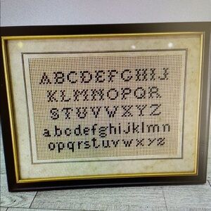 Vintage Framed Needlepoint Alphabet Sampler Black Frame Gold Accent Wall Art 9x7